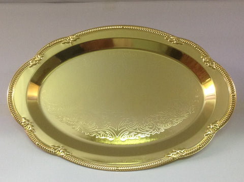 SAT 1004 - Oval shaped Floral Design Gold color Plate Large Size