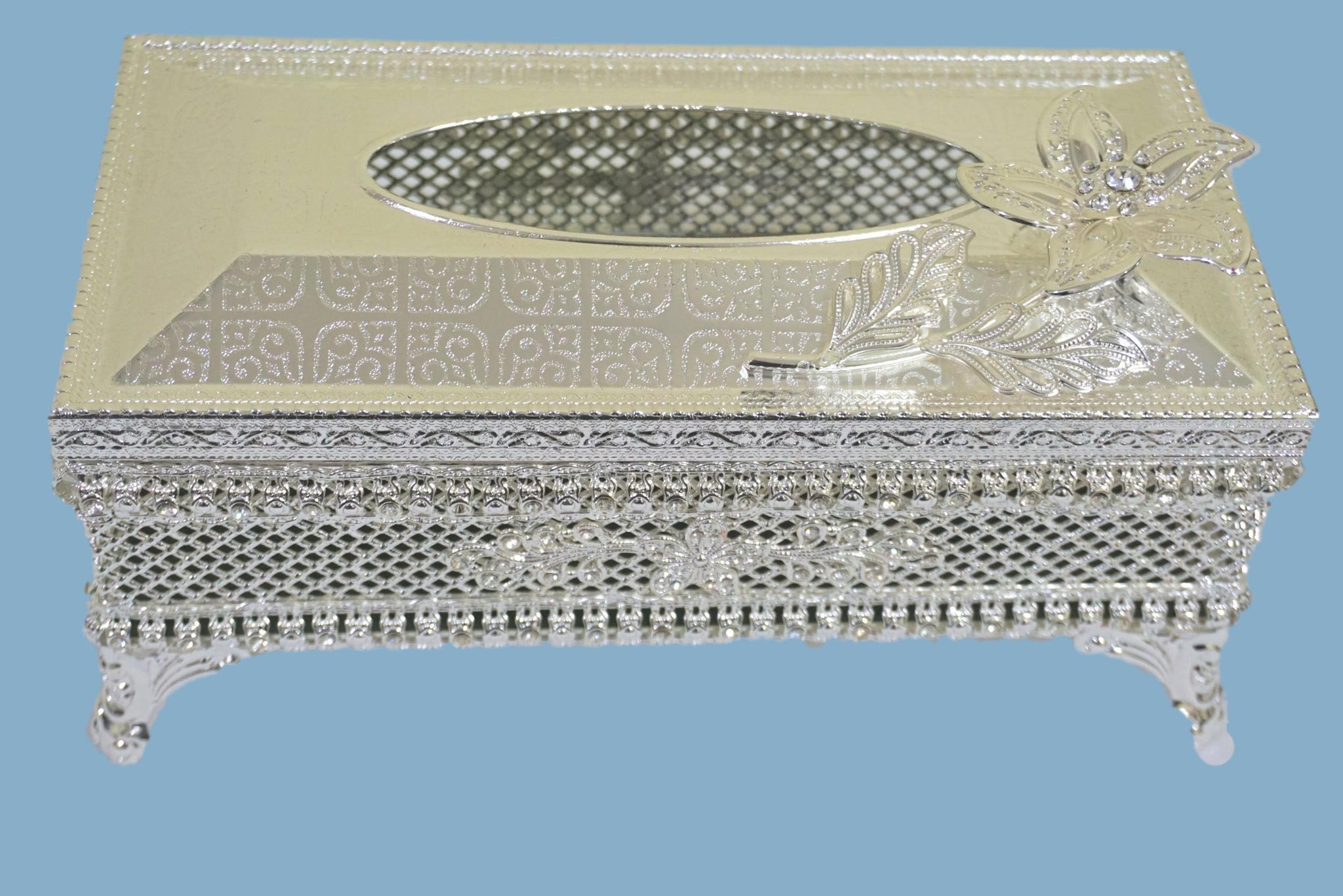 SFP-86348S : 24K Silver Plated Designer Tissue Box - Honey Comb Flower Design