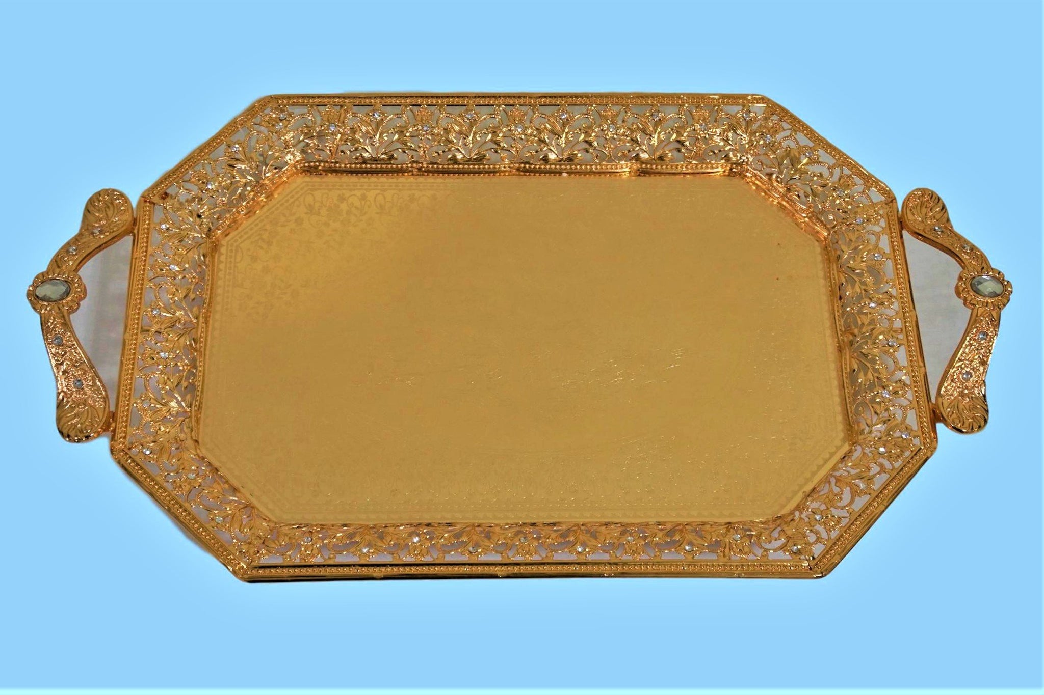 SNJ-1408 : Gold Plated designer Tray with Crystal Hexa Rectangle Shape - small size only one PC