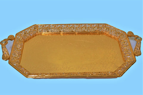 SNJ-1409 : Gold Plated designer Tray with Crystal Hexa Rectangle Shape - Large