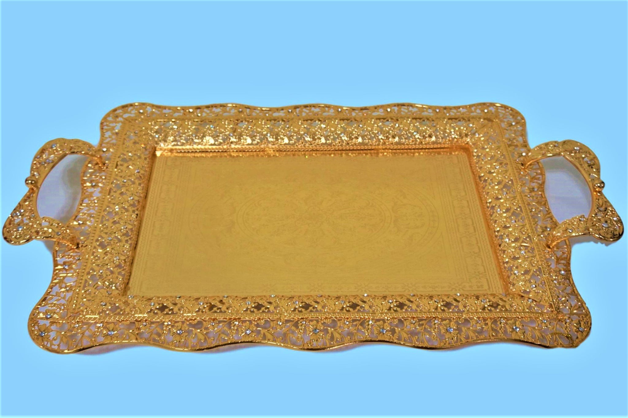 SNJ-2023G : Classic Gold Plated designer tray with intrique flower design