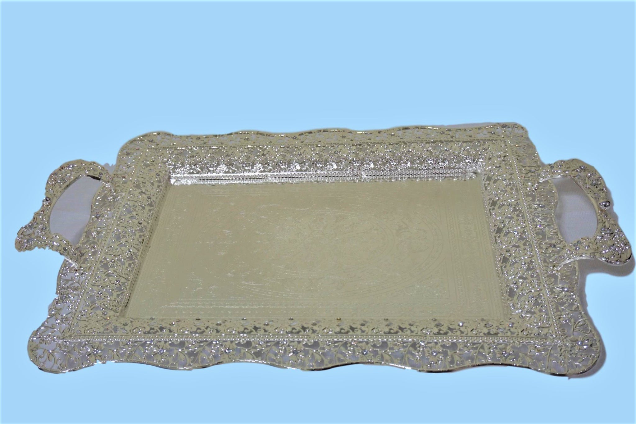 SNJ-2023S : Classic Silver Plated designer tray with intrique flower design